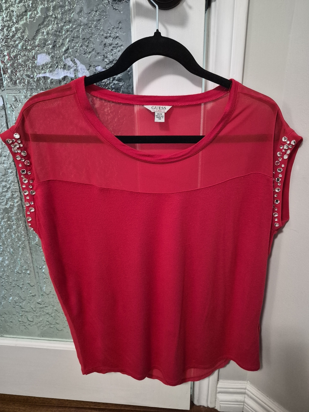 GUESS Red Short Sleeve Top with Jeweled Shoulders